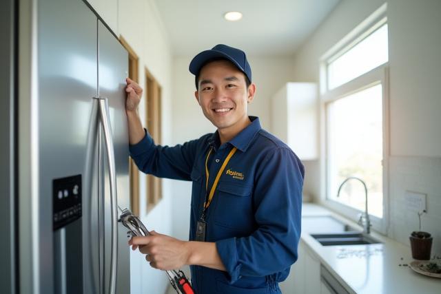 笑顔の日本人技術者が工具を持って冷蔵庫の修理をしている